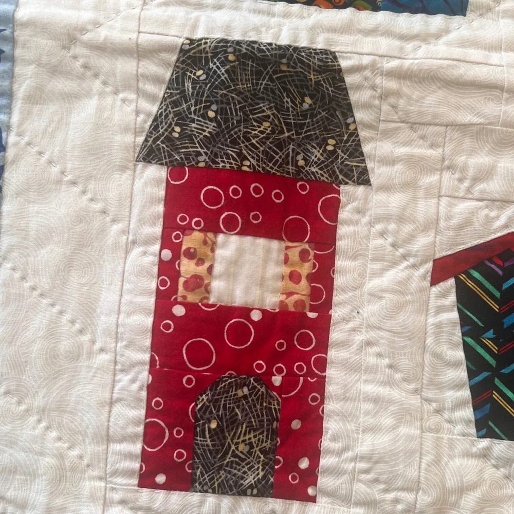 Handmade Quilted Wall Hanging Small Blanket Colorful Houses Dog Shark Border